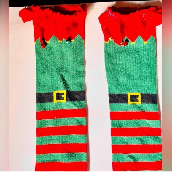 CHRISTMAS ELF KNEE SOCKS WITH HANGING BELLS AT THE KNEES - Picture 2 of 3